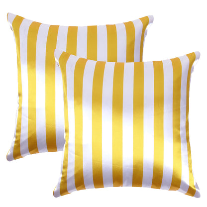 Apricot Tan Silky Striped Satin Silk Cushion Covers in Set of 2