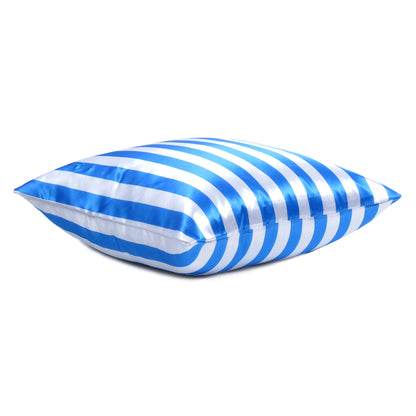 Blue Silky Striped Satin Silk Cushion Covers in Set of 2