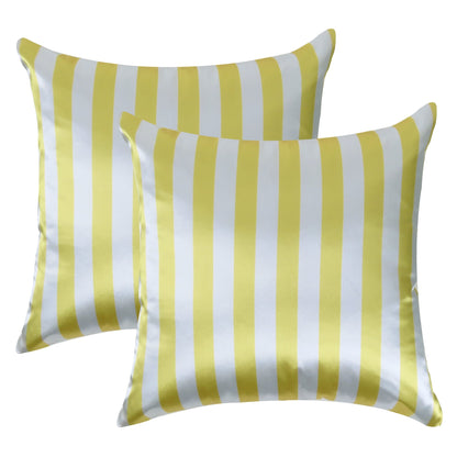 Yellow Silky Striped Satin Silk Cushion Covers in Set of 2