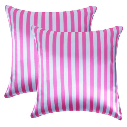 Raspberry Rose Purple Heather Silky Striped Satin Silk Cushion Covers in Set of 2