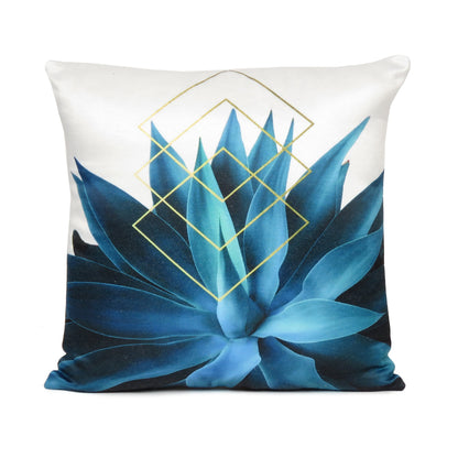 Sea Blue Floral & Geometric Printed Cushion Cover in Set of 2