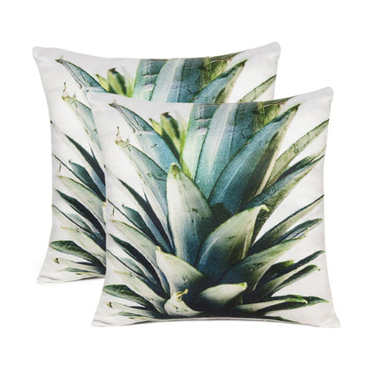 White Pineapple Leaves Printed Cushion Cover in Set of 2
