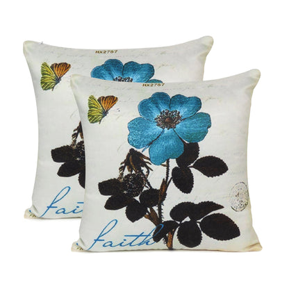 White Floral & Leaf Printed Cushion Cover in Set of 2