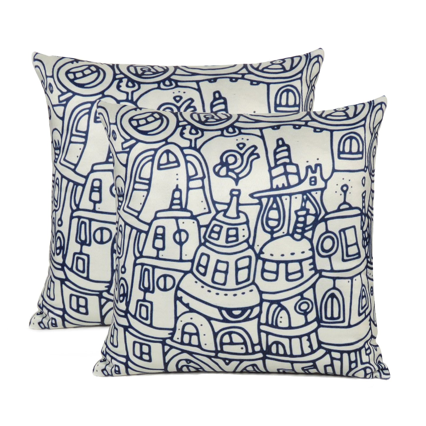 Blue Doodle City Printed Cushion Cover in Set of 2