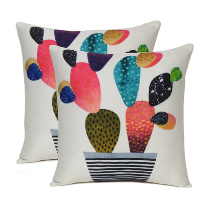 White Cactus Printed Cushion Cover in Set of 2