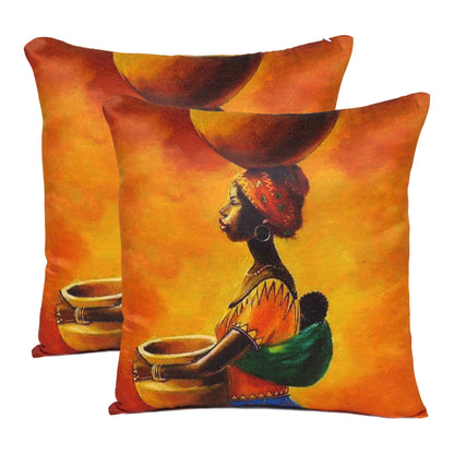 Yellow Lady Tribal Printed Cushion Cover in Set of 2