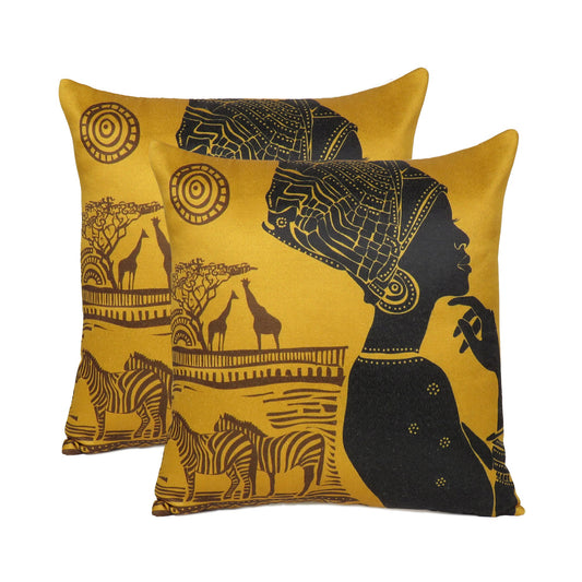 Yellow Tribal Lady Printed Cushion Cover in Set of 2