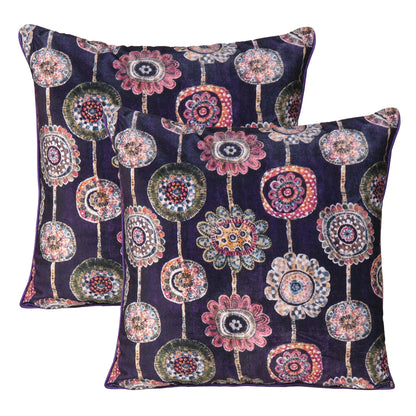 Velvet Polydupion Printed Cushion Covers in Set of 2 - Purple
