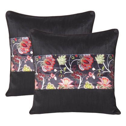Velvet Polydupion Decorative Printed Cushion Cases in Set of 2 - Black