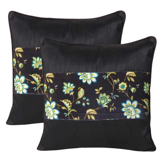 Velvet Polydupion Decorative Printed Cushion Cases in Set of 2 - Black