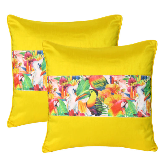 Velvet Polydupion Decorative Printed Cushion Cases in Set of 2 - Yellow