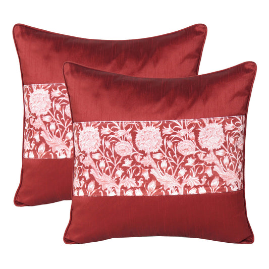 Velvet Polydupion Decorative Printed Cushion Cases in Set of 2 - Maroon