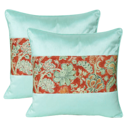 Velvet Polydupion Decorative Printed Cushion Cases in Set of 2 - Sea Green