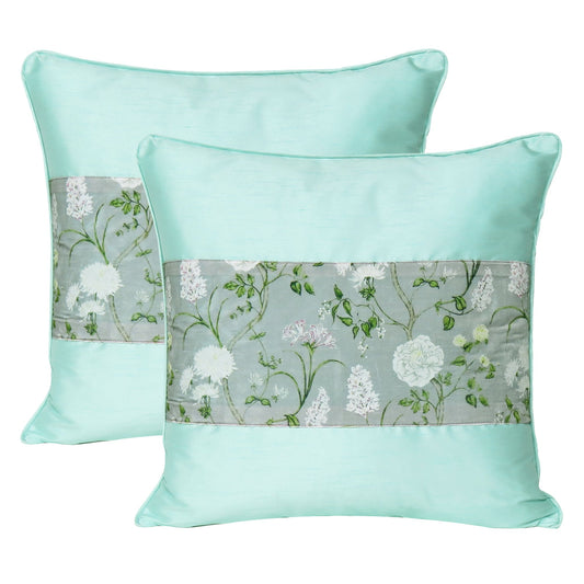 Velvet Polydupion Decorative Printed Cushion Cases in Set of 2 - Sea Green