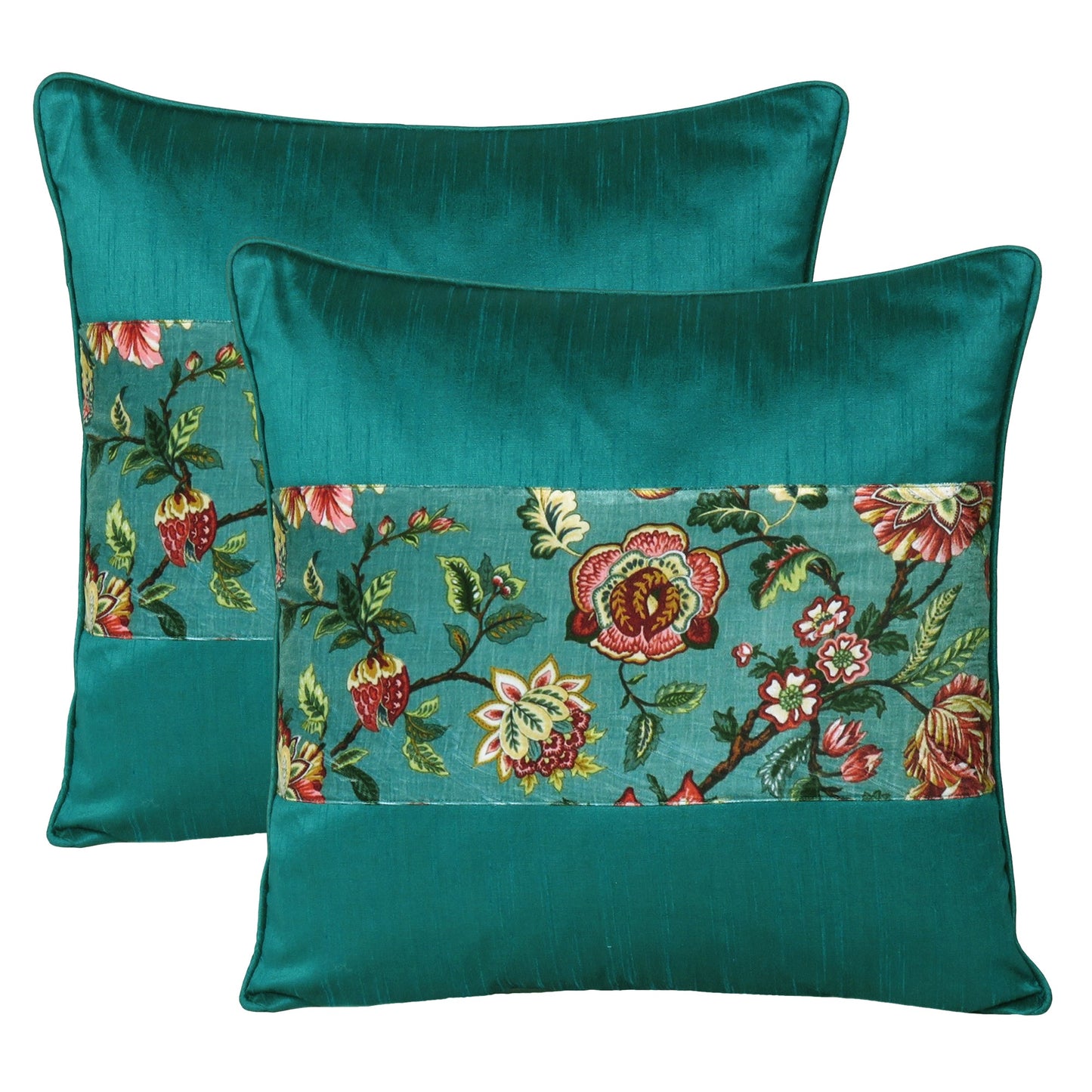 Velvet Polydupion Decorative Printed Cushion Cases in Set of 2 - Green