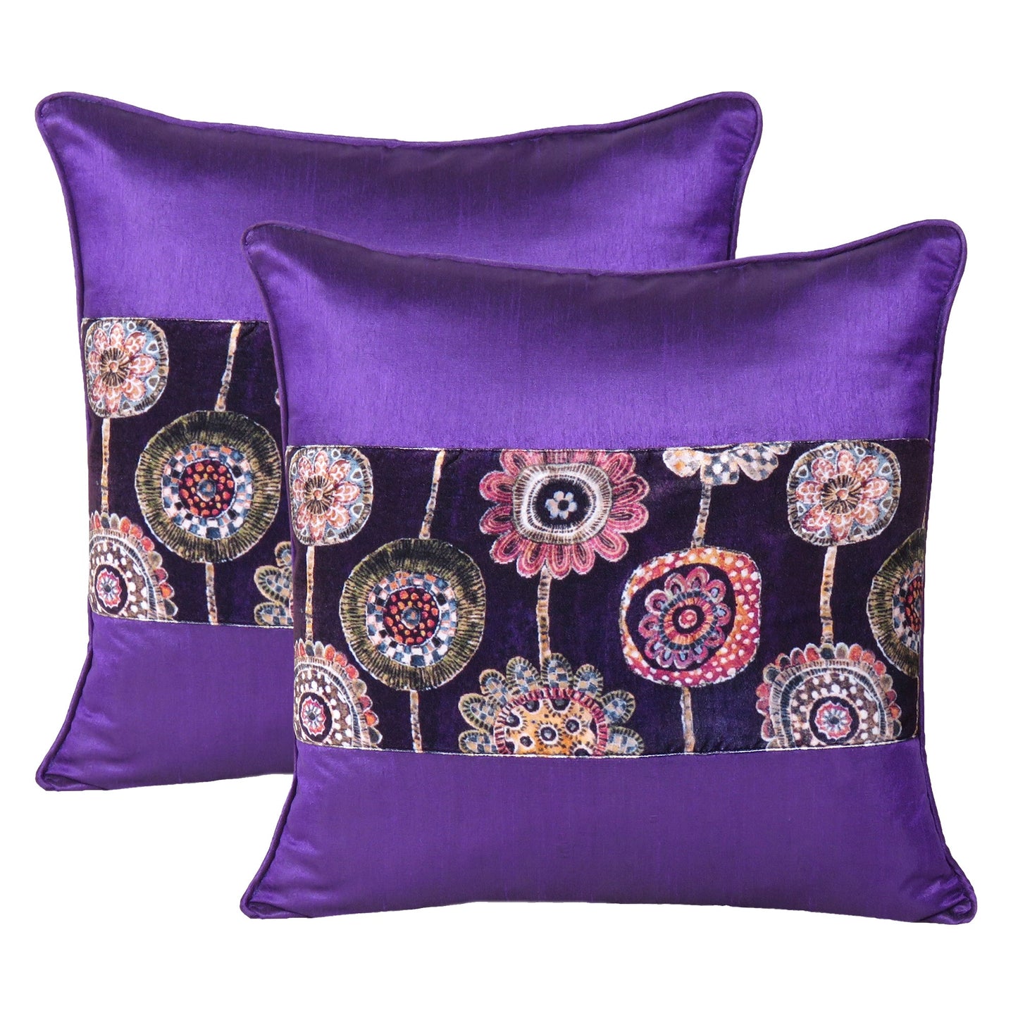 Velvet Polydupion Decorative Printed Cushion Cases in Set of 2 - Purple