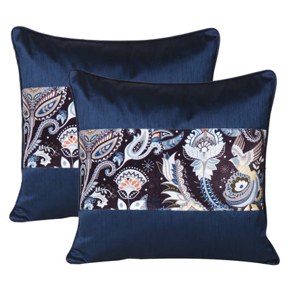 Velvet Polydupion Decorative Printed Cushion Cases in Set of 2 - Navy Blue