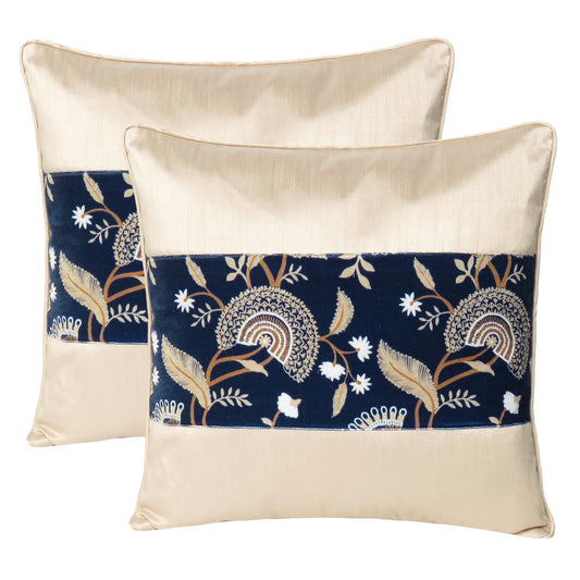 Velvet Polydupion Decorative Printed Cushion Cases in Set of 2 - Beige