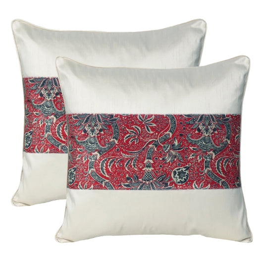 Velvet Polydupion Decorative Printed Cushion Cases in Set of 2 - Cream