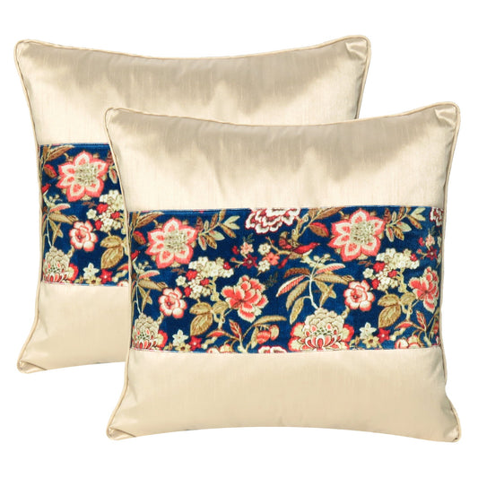 Velvet Polydupion Decorative Printed Cushion Cases in Set of 2 - Beige