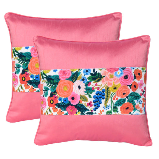 Velvet Polydupion Decorative Printed Cushion Cases in Set of 2 - Pink