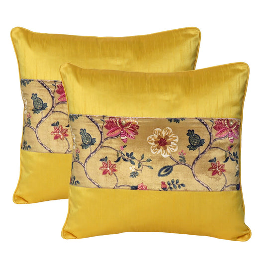 Velvet Polydupion Decorative Printed Cushion Cases in Set of 2 - Yellow