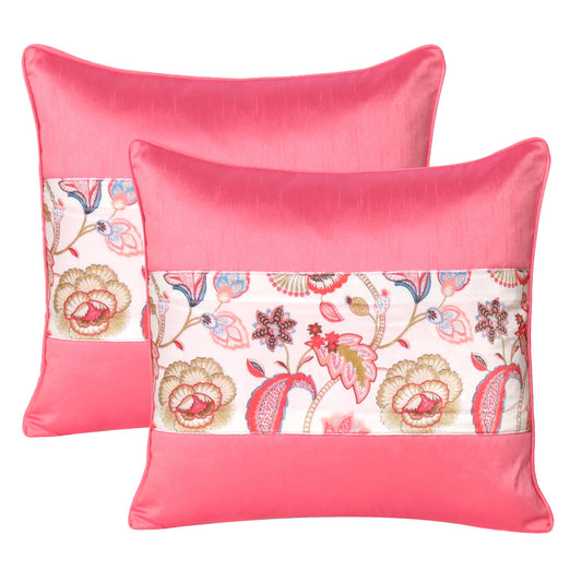 Velvet Polydupion Decorative Printed Cushion Cases in Set of 2 - Pink