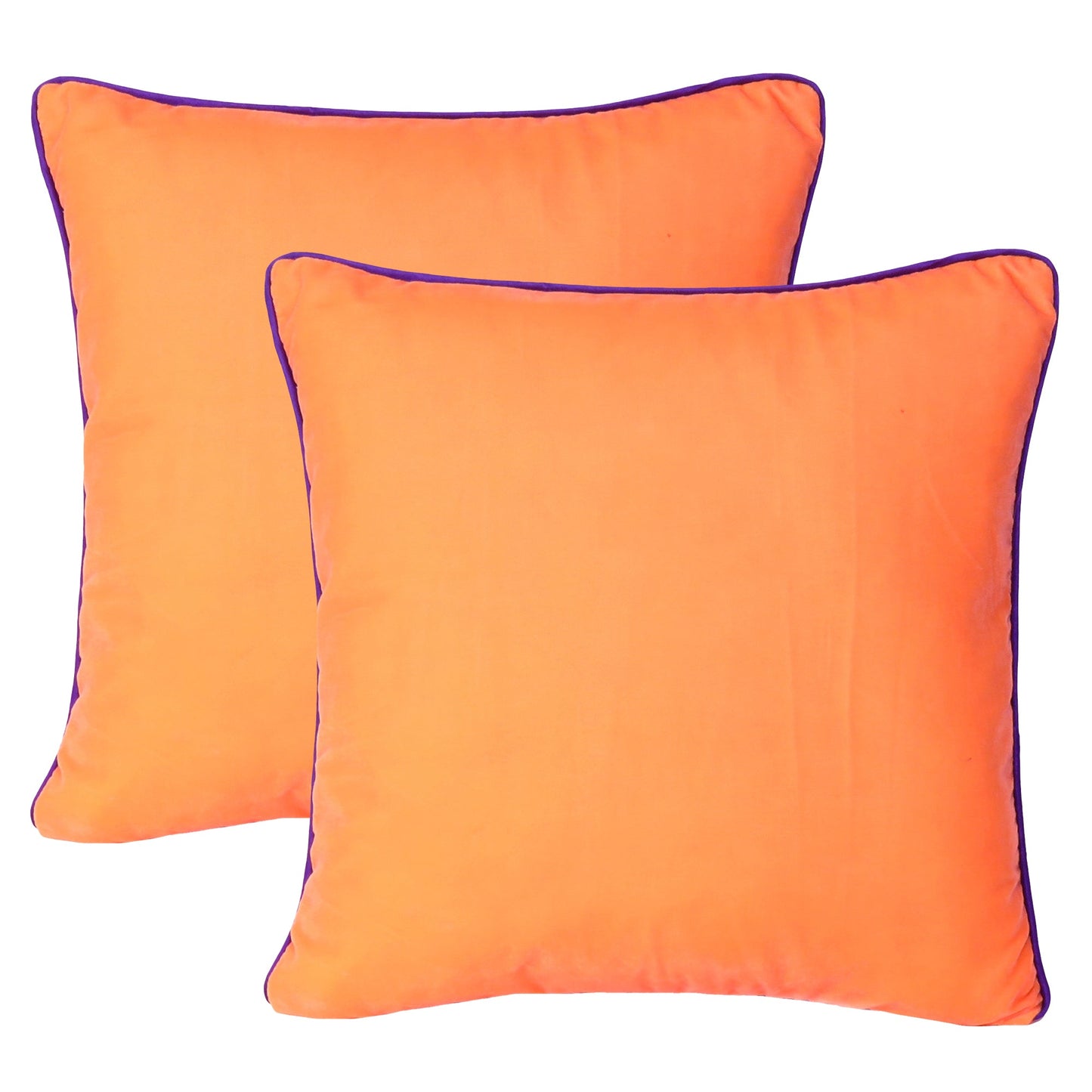 Orange Velvet Cushion Cover with Purple Piping Edge in Set of 2
