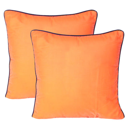 Orange Velvet Cushion Cover with Navy Blue Piping Edge in Set of 2