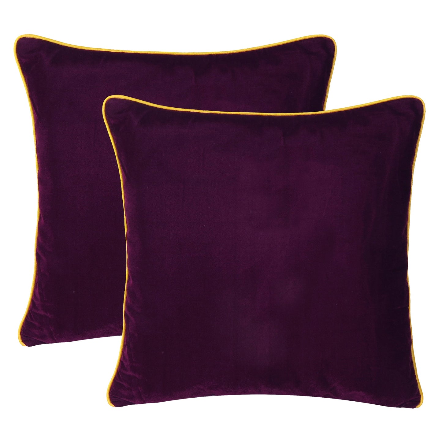 Wine Velvet Cushion Cover with Yellow Piping Edge in Set of 2