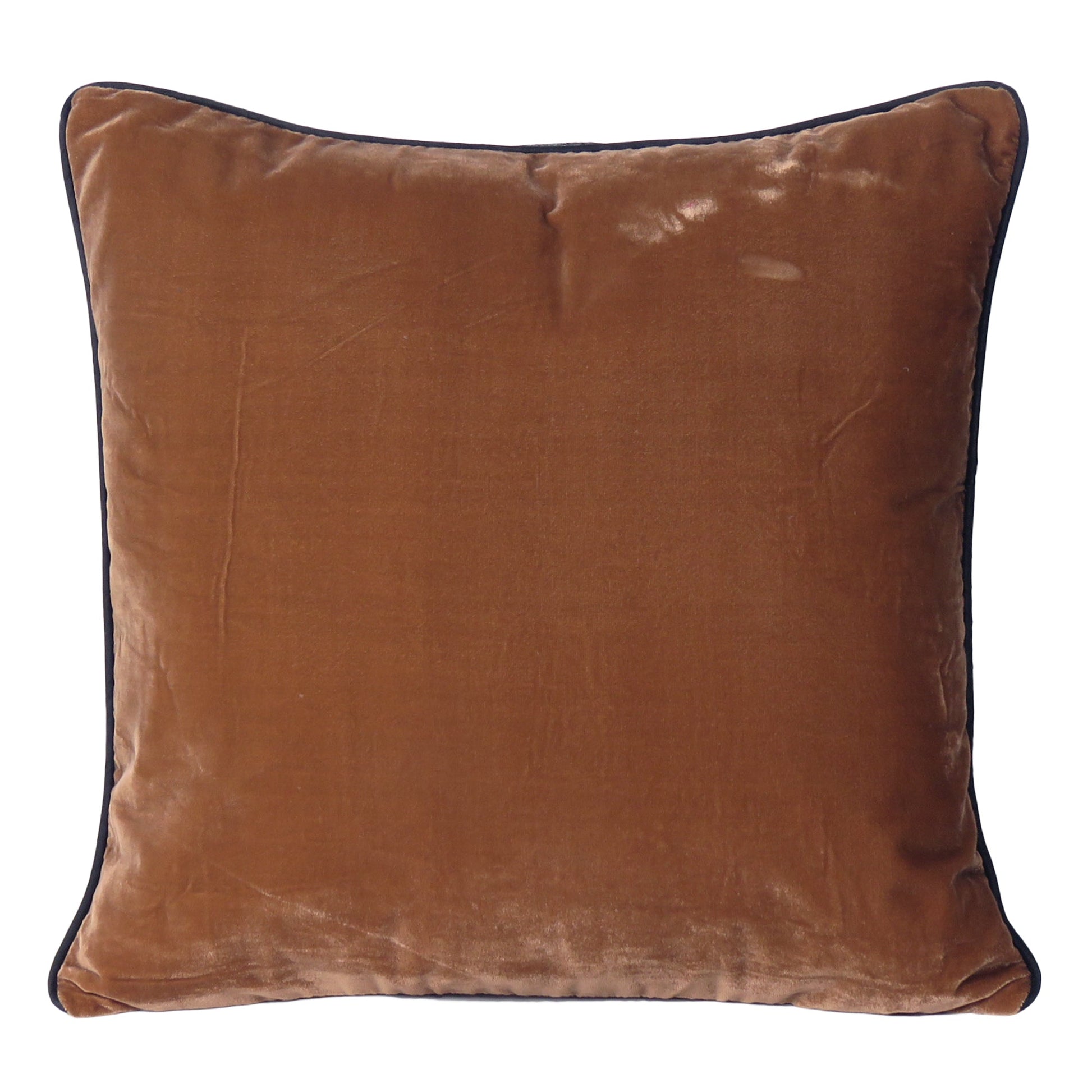 Light Brown Velvet Cushion Cover with Black Piping Edge in Set of 2