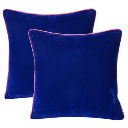 Royal Blue Velvet Cushion Cover with Pink Piping Edge in Set of 2