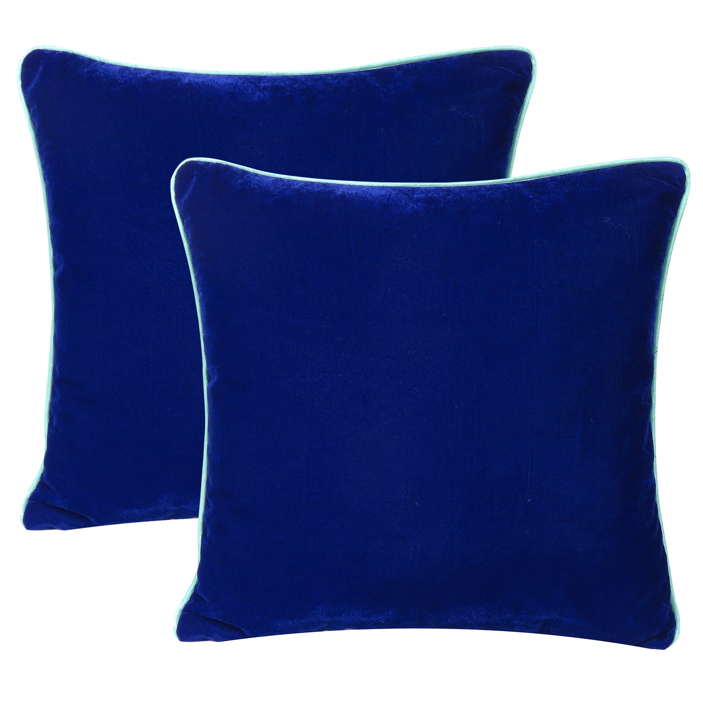 Royal Blue Velvet Cushion Cover with Sea Green Piping Edge in Set of 2