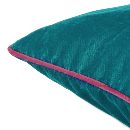 Teal Velvet Cushion Cover with Jester Red Piping Edge in Set of 2