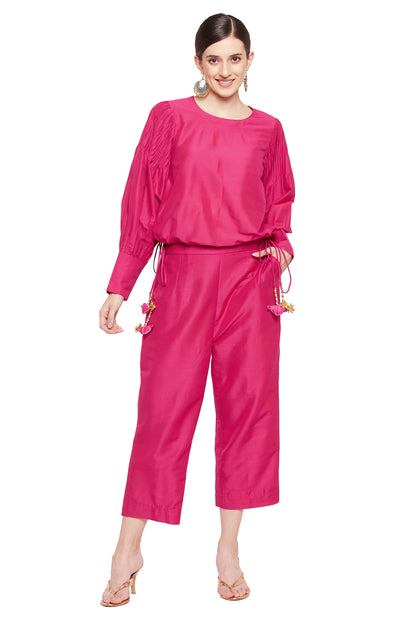 Women's Pink Puff Sleeve Round Neck Co-Ord Sets with Tassels