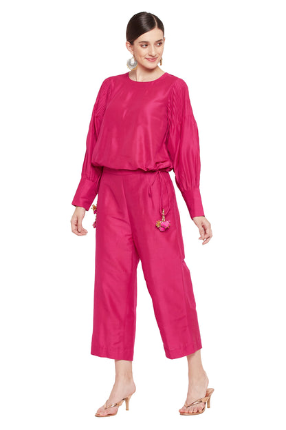 Women's Pink Puff Sleeve Round Neck Co-Ord Sets with Tassels