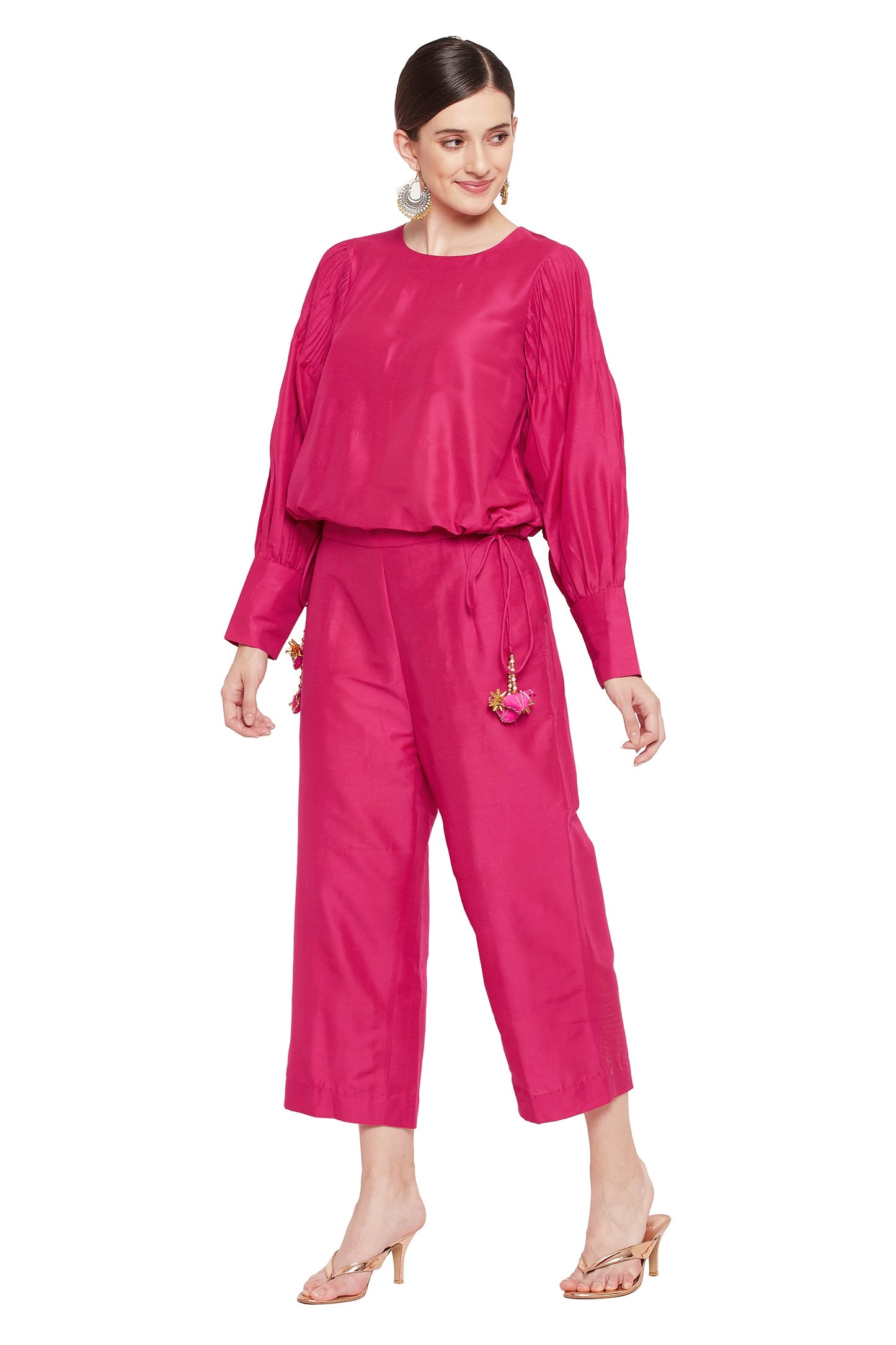 Women's Pink Puff Sleeve Round Neck Co-Ord Sets with Tassels