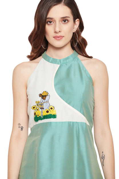 Women's Ice Green Cotton Silk Halter Neck Sunflower Girl Midi Dress
