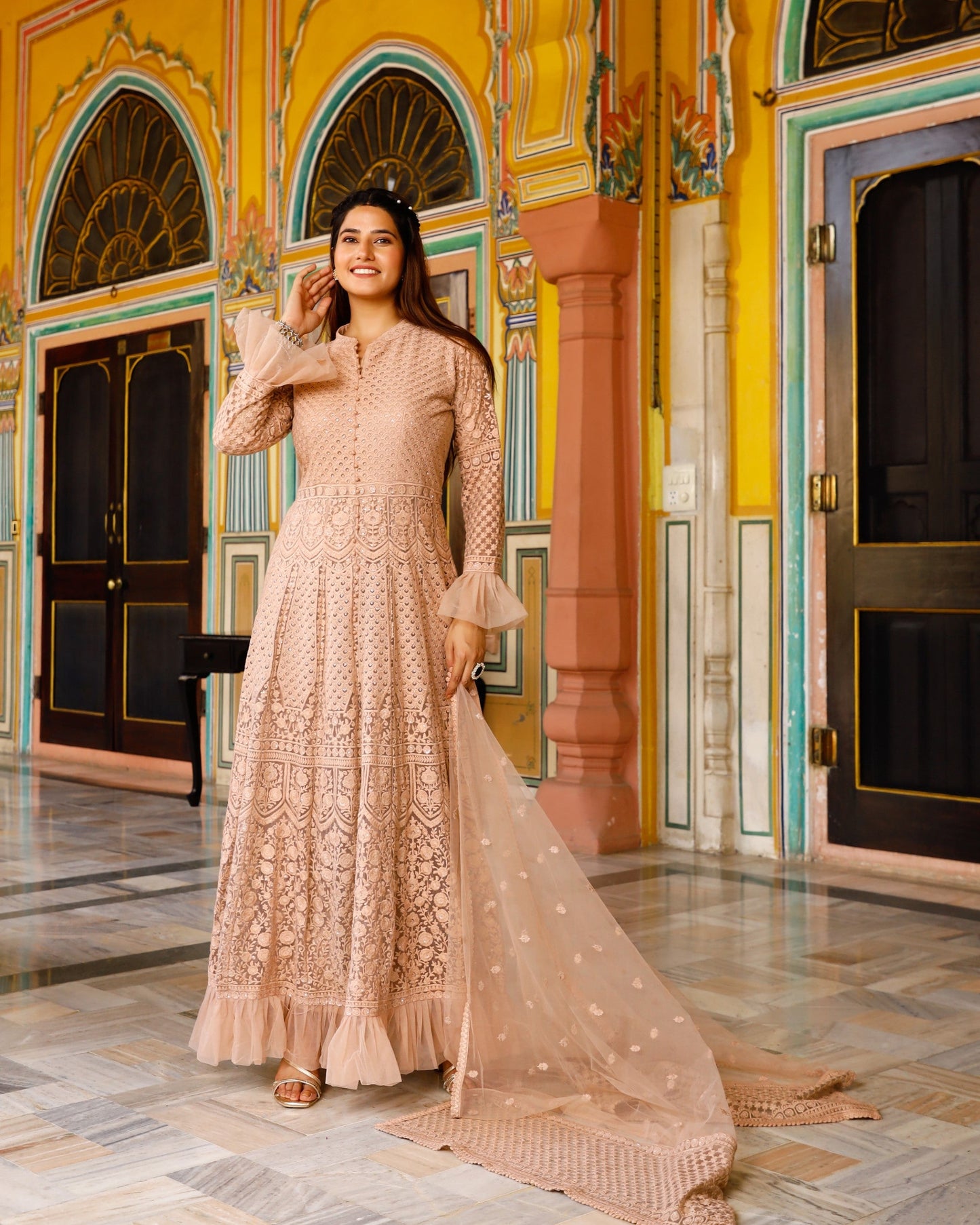 Women's Embroided Beige Full-Length Gown with Dupatta