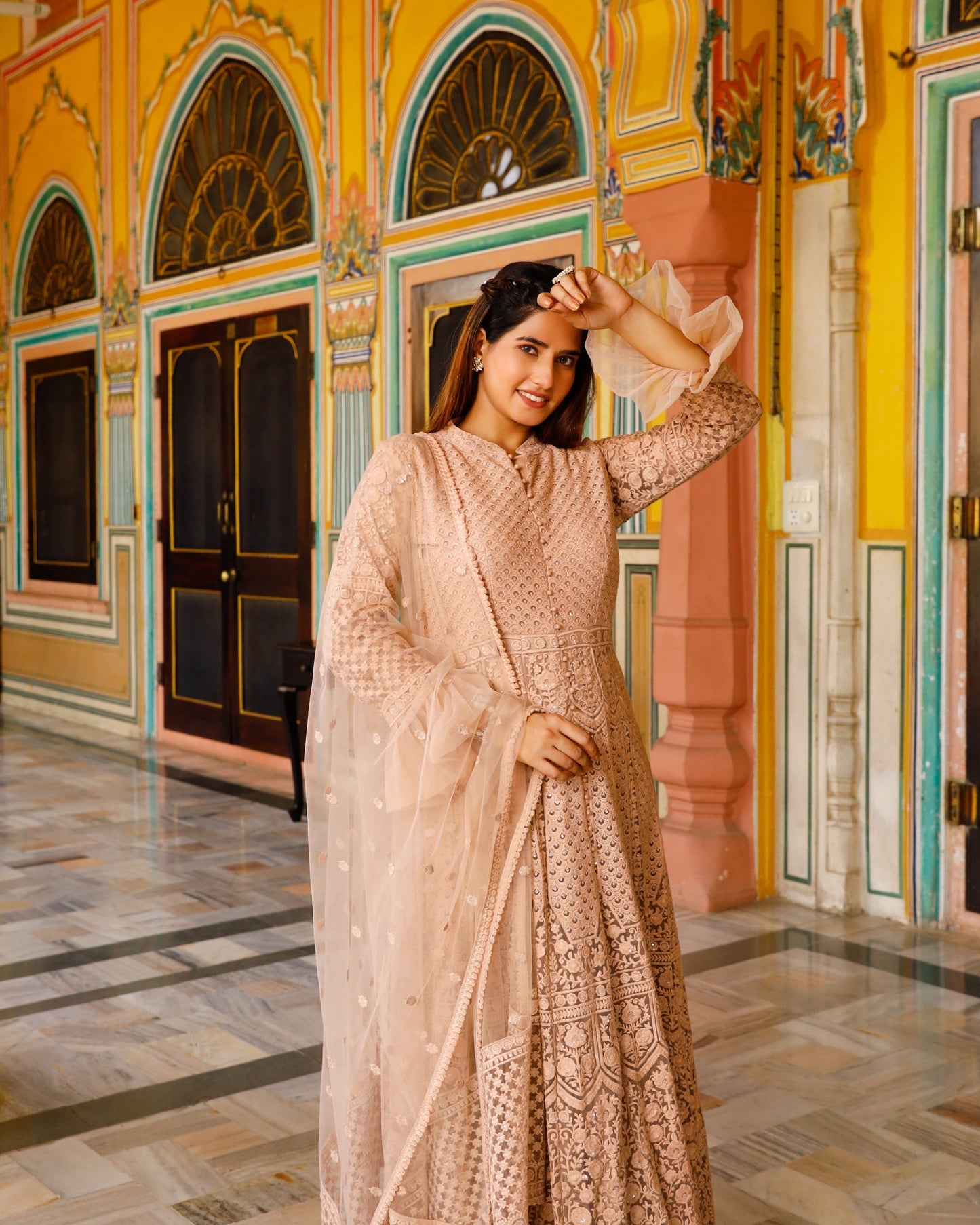 Women's Embroided Beige Full-Length Gown with Dupatta