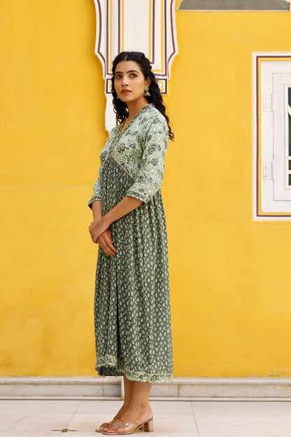 Women's Gray Calf-Length Floral Yoke Dress