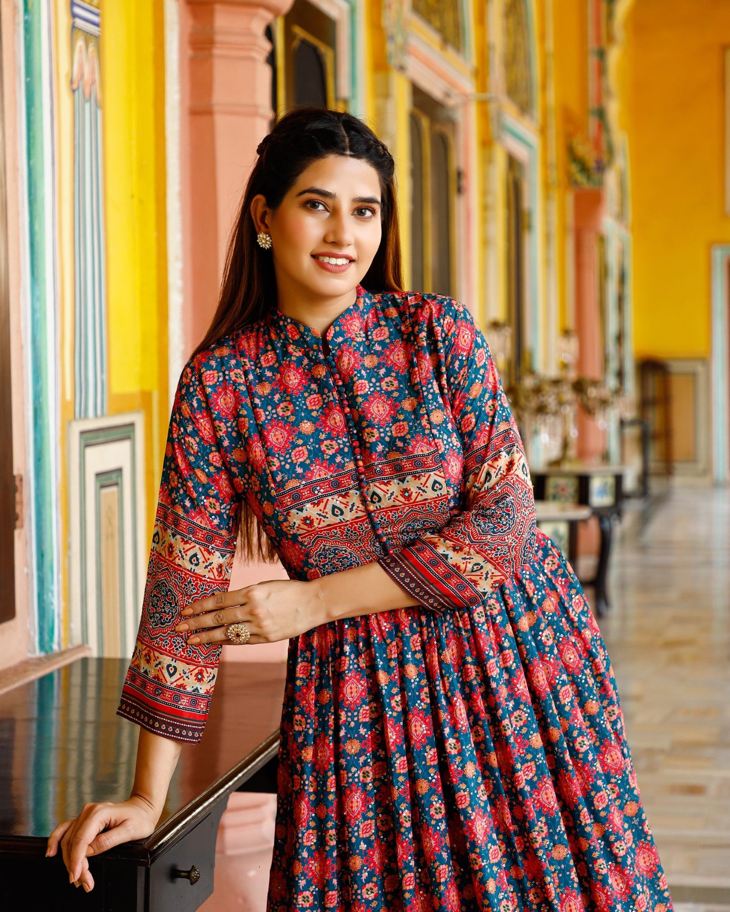Women's Full Length Multicolor Boarder Print Gown