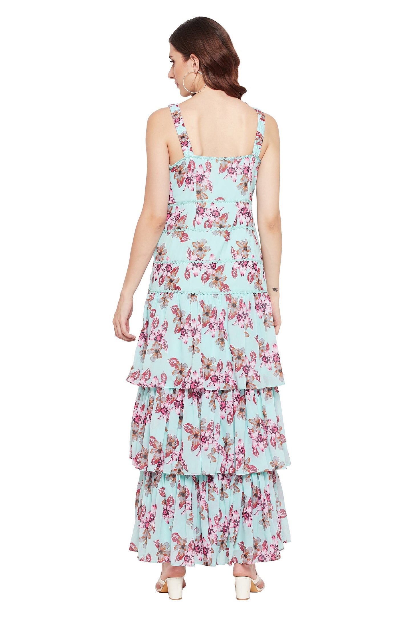 Women's Floral Long Sleevless Dress and V-Neck Blue