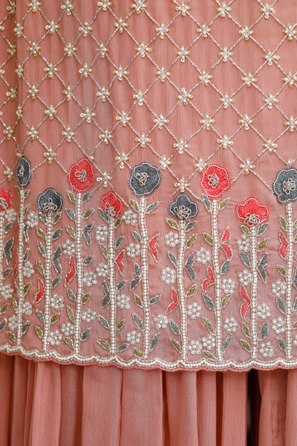 Women's Rose Pink Floral Embroided Kurta Palazzo Set