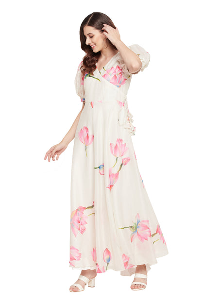 Women's White Puff Sleeves and V-Neck Floral Long Dress
