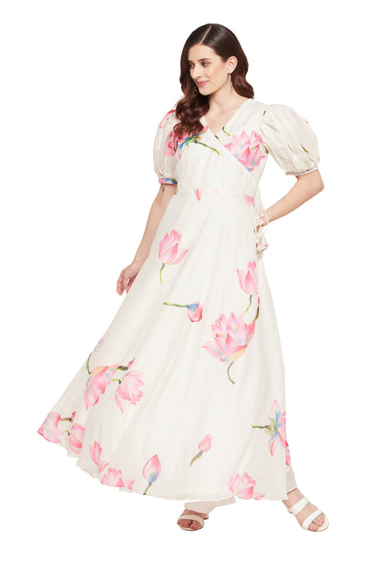 Women's White Puff Sleeves and V-Neck Floral Long Dress