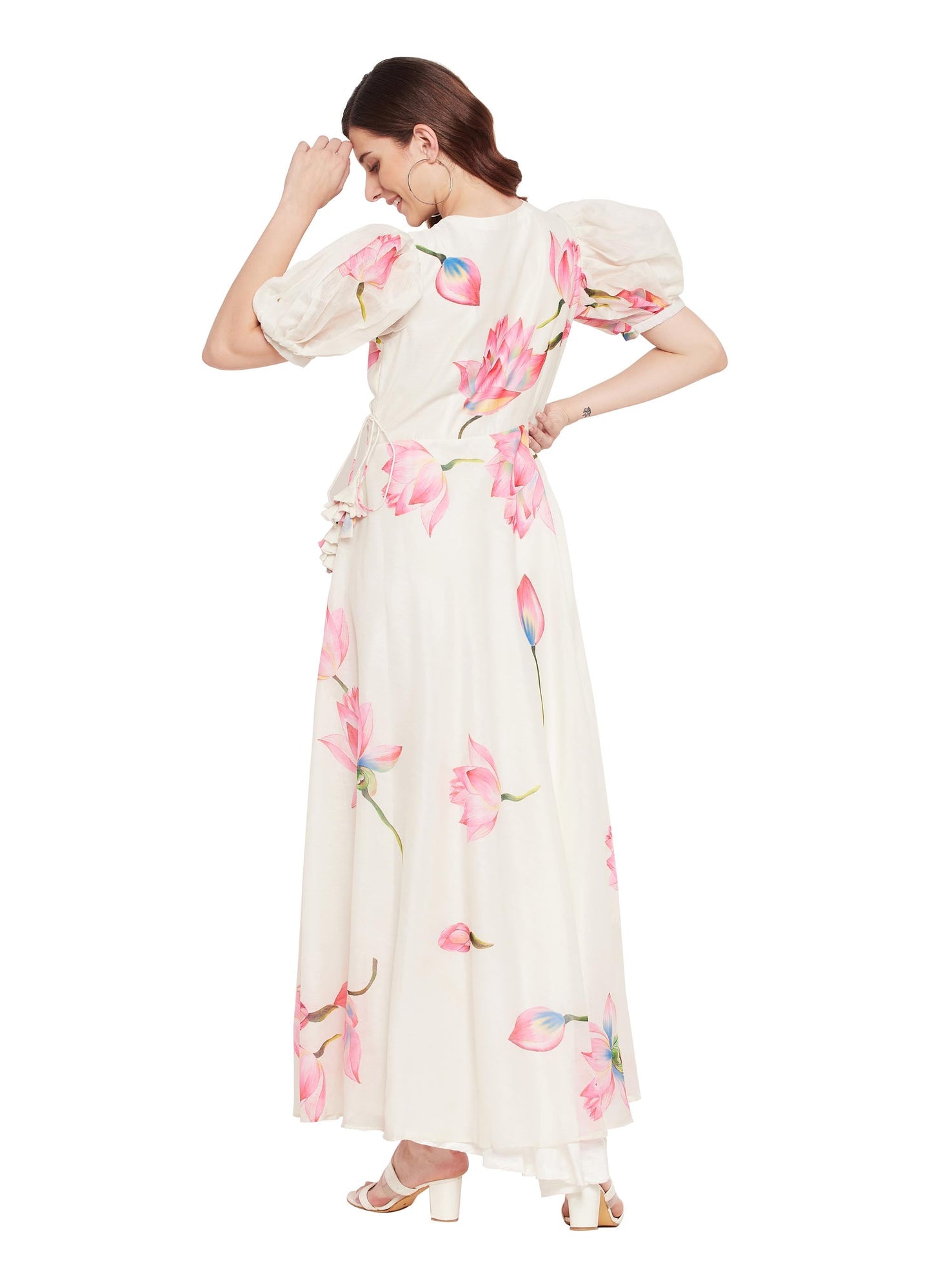 Women's Floral Long Dress with Puff Sleeves and V-Neck White
