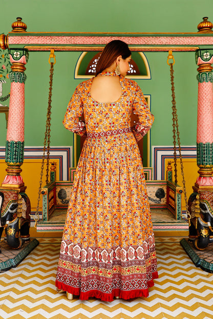 Women's Boarder Print Ankle Length Yellow Dress