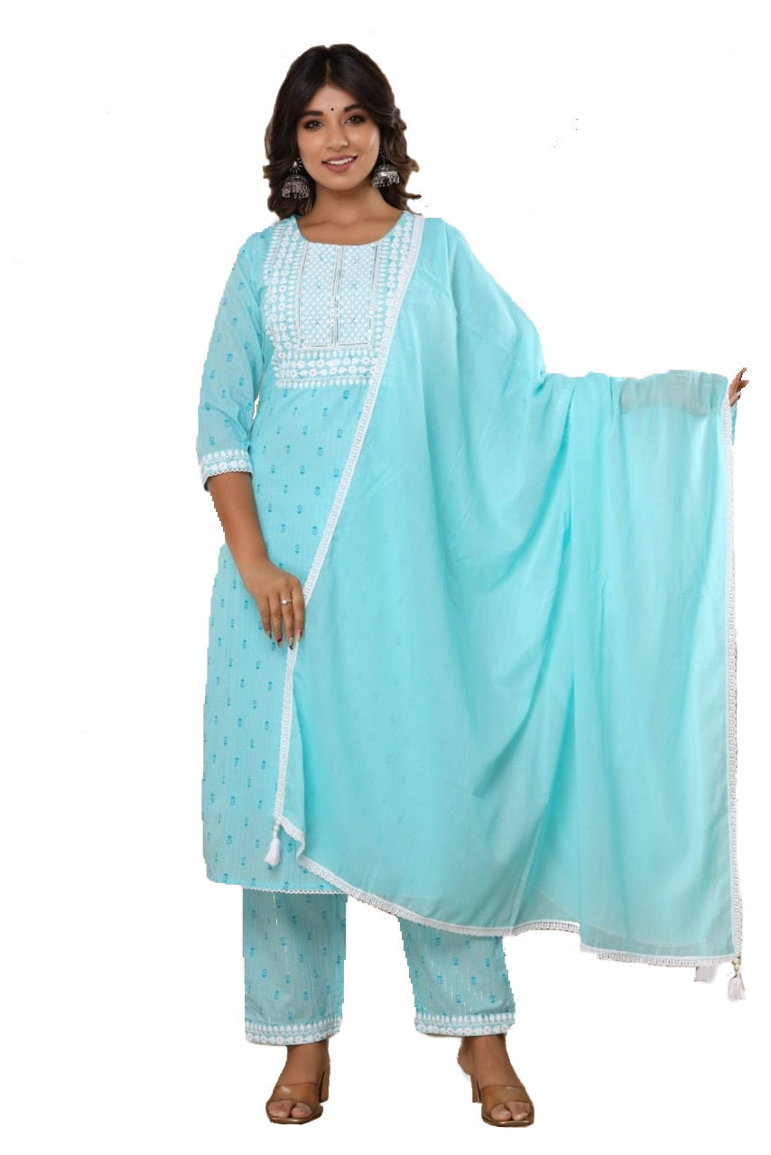 Women's Rayon-Slub Embroided Kurta Pant Set with Cotton Dupatta - Sky Blue