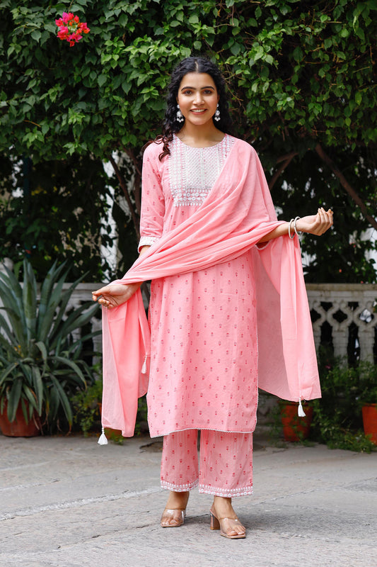 Women's Rayon-Slub Embroided Kurta Pant Set with Cotton Dupatta - Light Pink